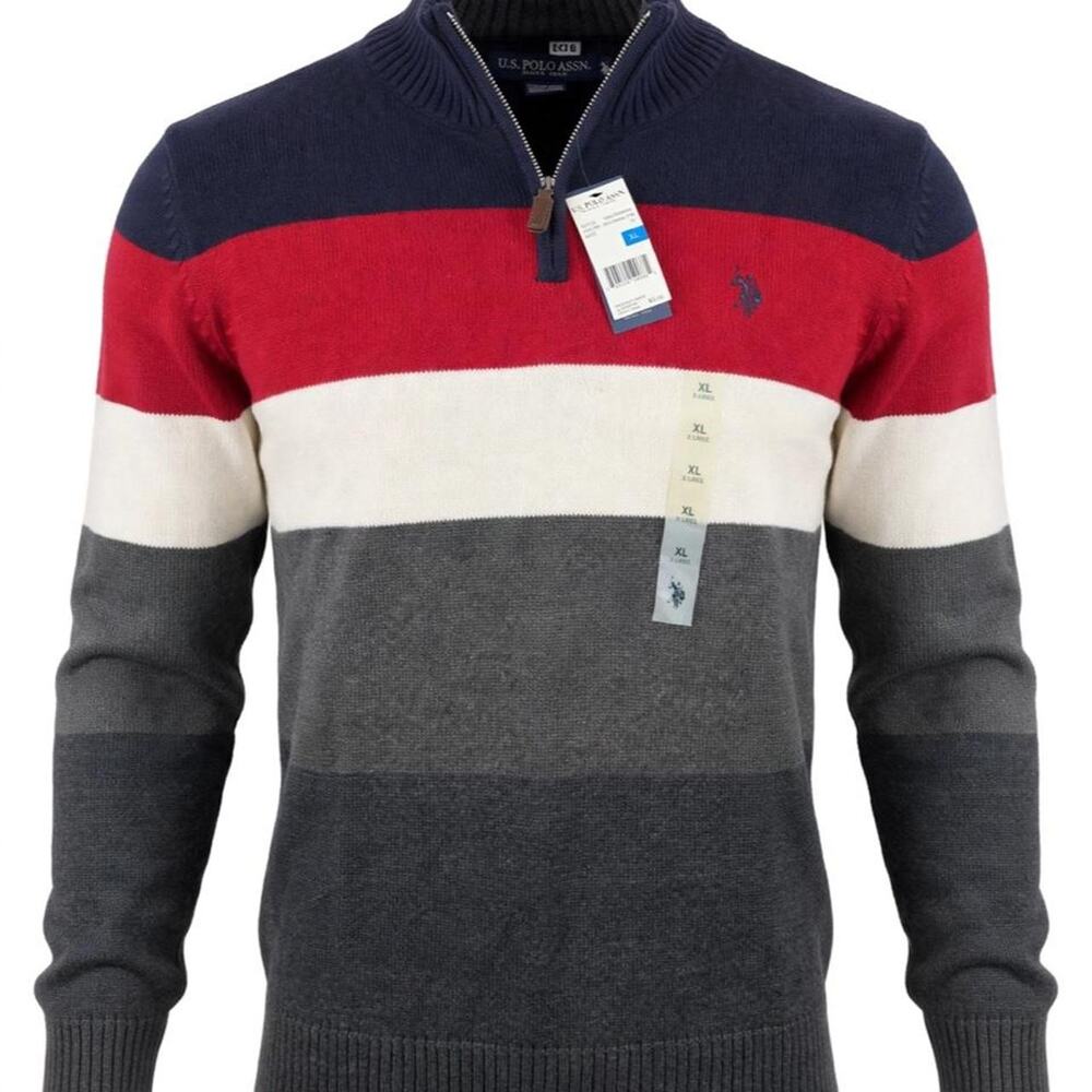 U.S. Polo Assn Mens XL Sweater 1/4 Zip Pullover Color Block Red Blue Gray NWT